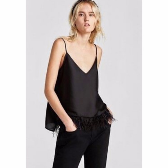 Zara Tops - Zara Feather Trim Black Silky Camisole Top